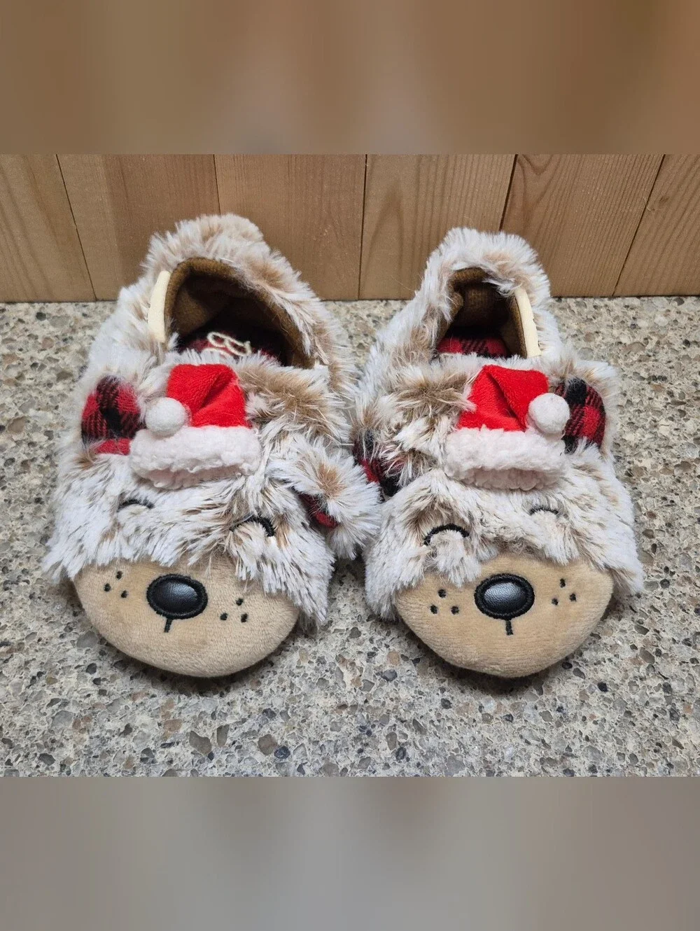 ​Dearfoams Lil Bear Toddler Slippers Size 5-6 Santa Hat Faux Fur Plaid Christmas